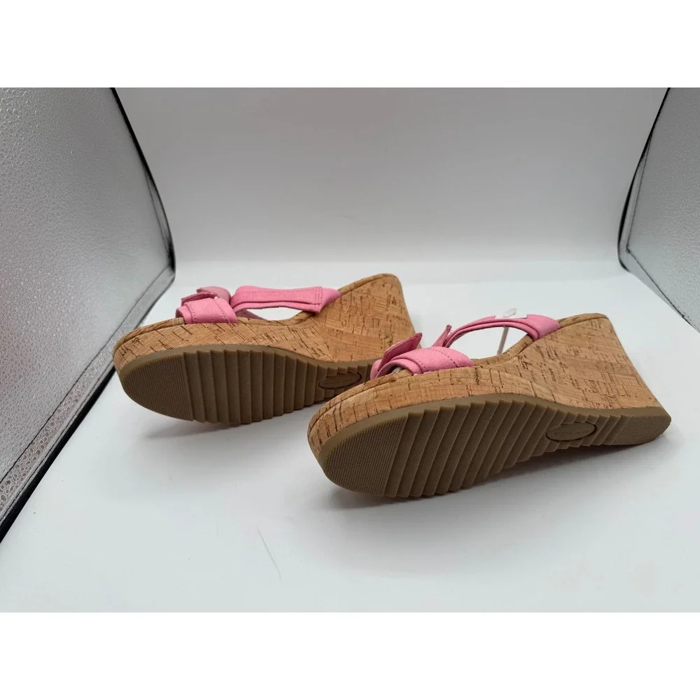 Anne Klein Pink Bow Cork‎ Wedge Sandals Womens Platform Slide Mules